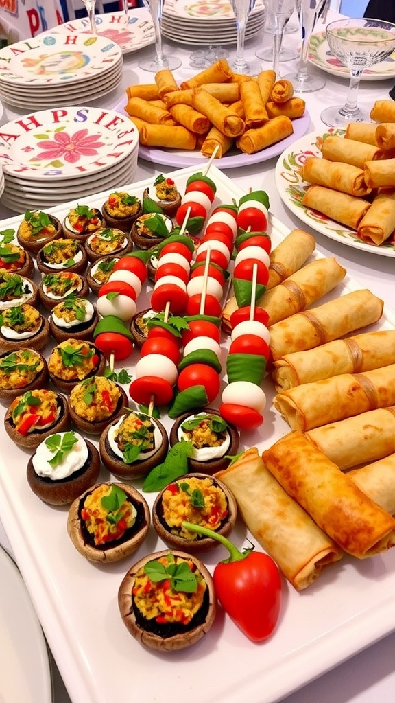 A colorful platter of bite-sized appetizers including stuffed mushrooms, caprese skewers, and spring rolls on a festive table.